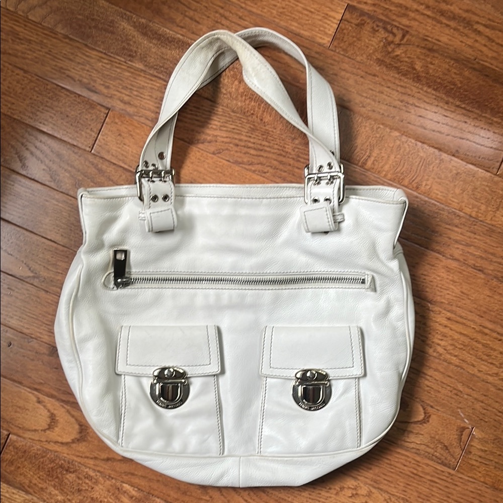 Marc Jacob’s White Leather Shoulder Tote Bag with Front Pockets